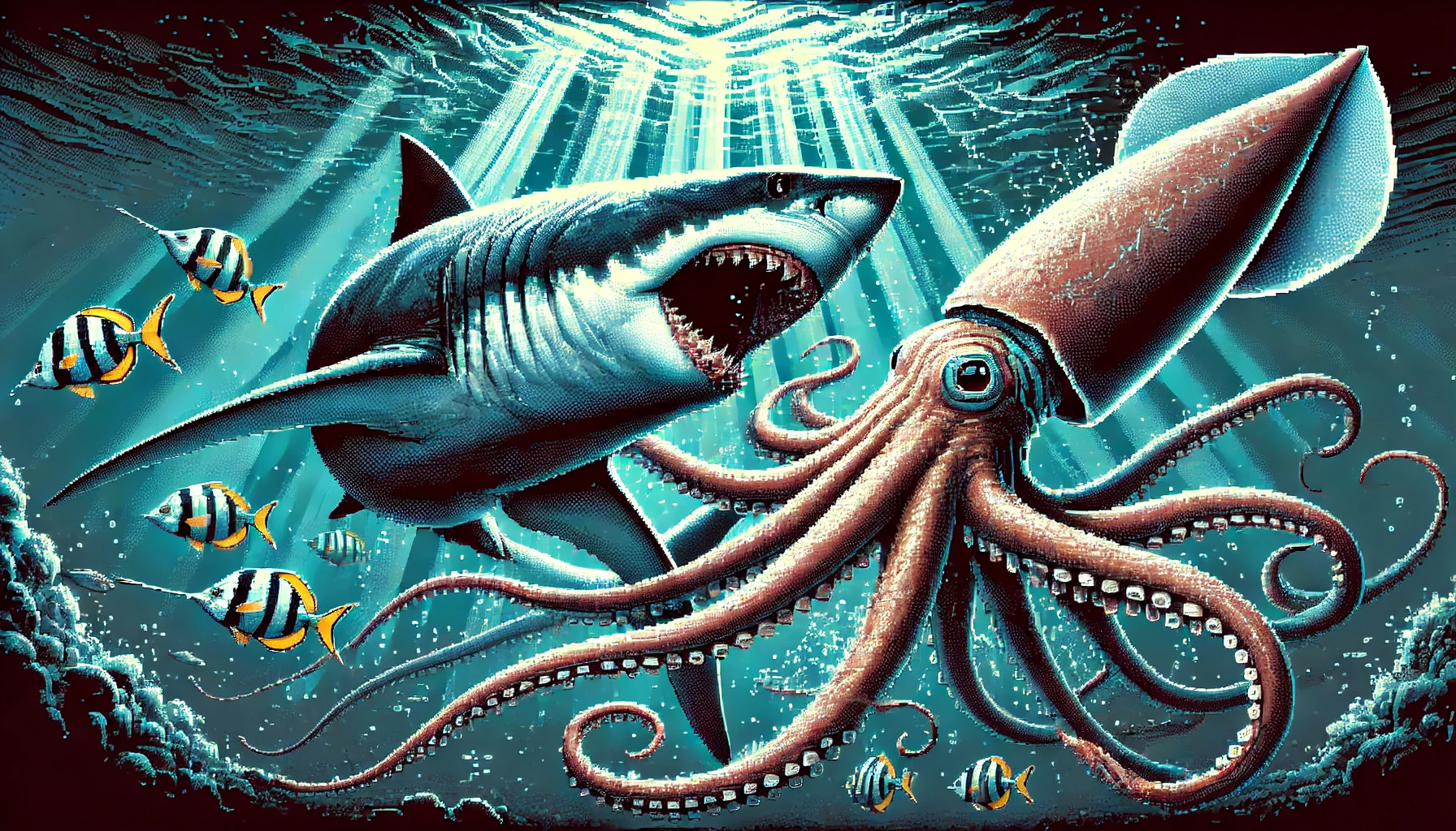 Pixel art battle between a Squid and Great White Shark