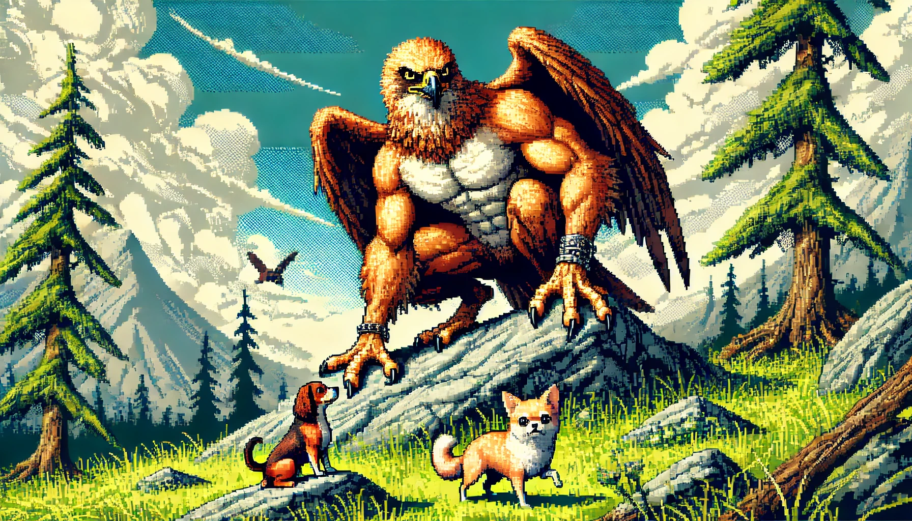 Pixel Art Hawk Hunting Small Dog and Cat